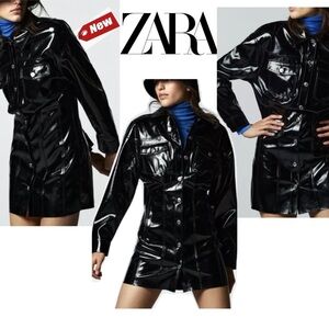 ZARA Black Raeh Faux Patent Leather Vinyl Mini Dress Sz M NWT
